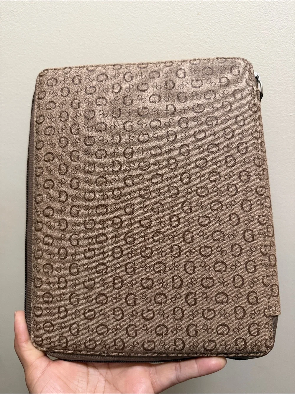 GUESS Brown Tablet Folio with Red Logo Accent